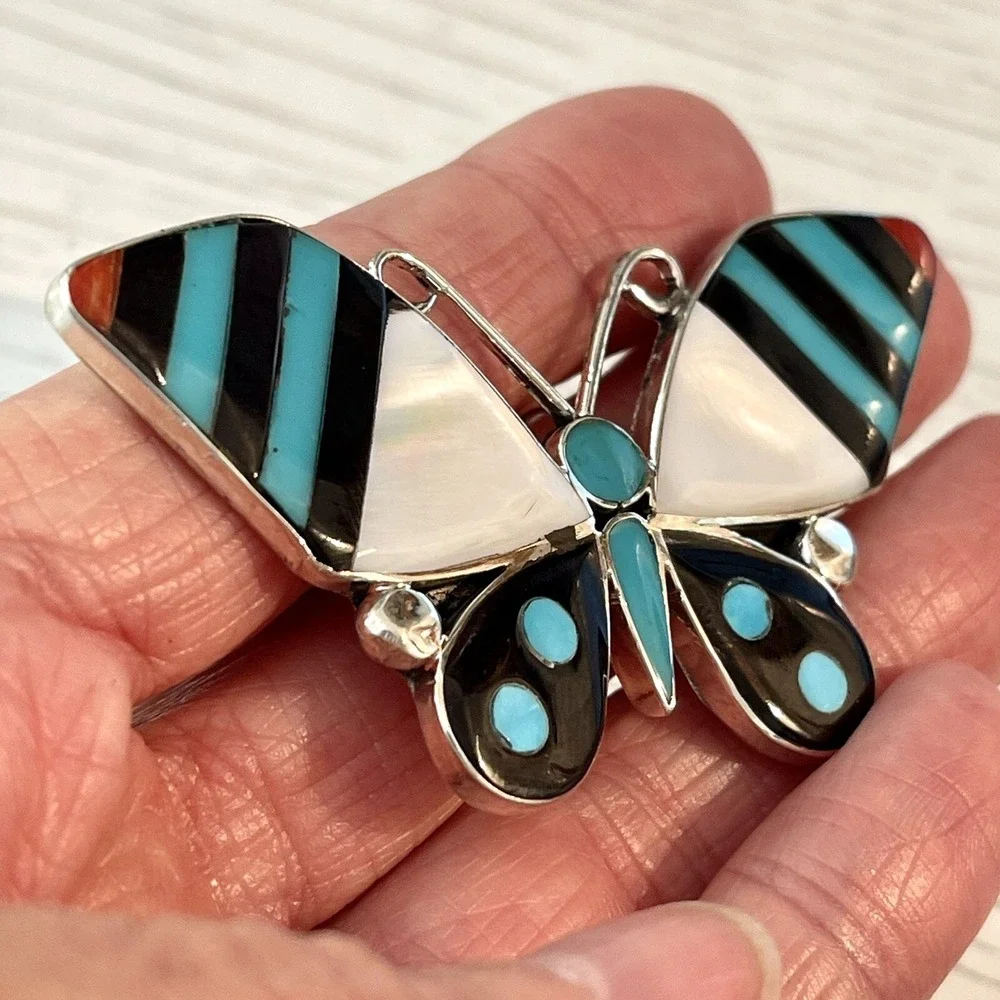 Zuni Butterfly Pendant Turquoise Inlay BIG Bug Brooch Sterling Signed Native‎